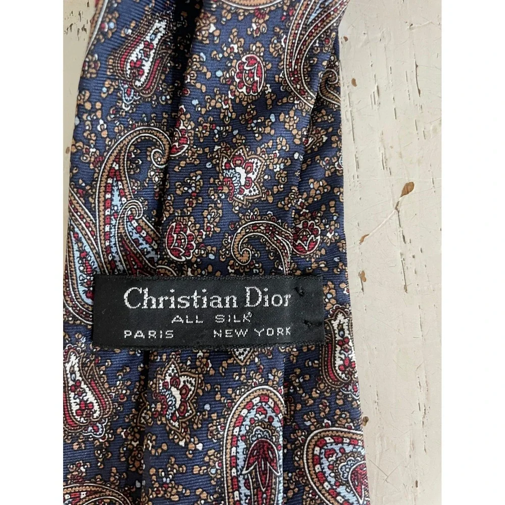 Christian Dior‎ Silk Tie Mens Navy Blue Burgundy Gold Paisley Vintage Necktie